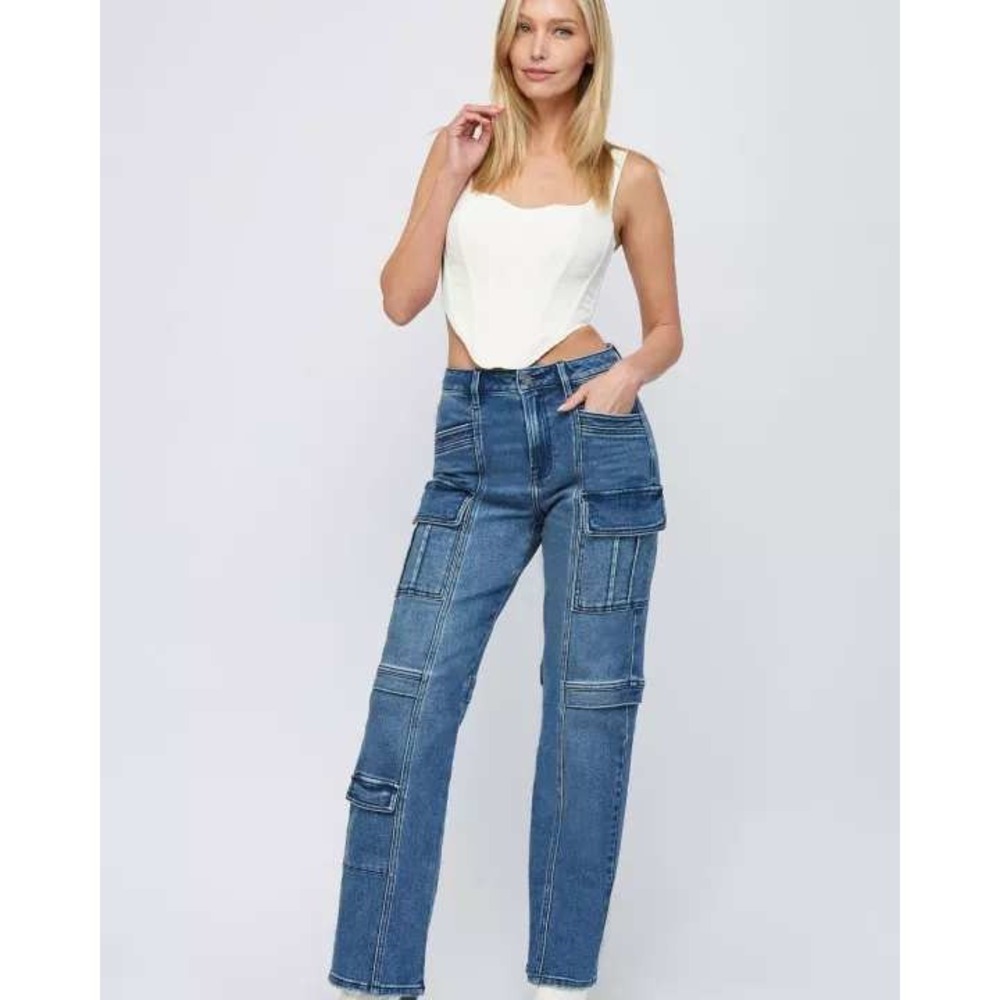 Hidden Jeans Blue Cargo Denim High Waisted Straight‎ Leg Utility Pants Size 29